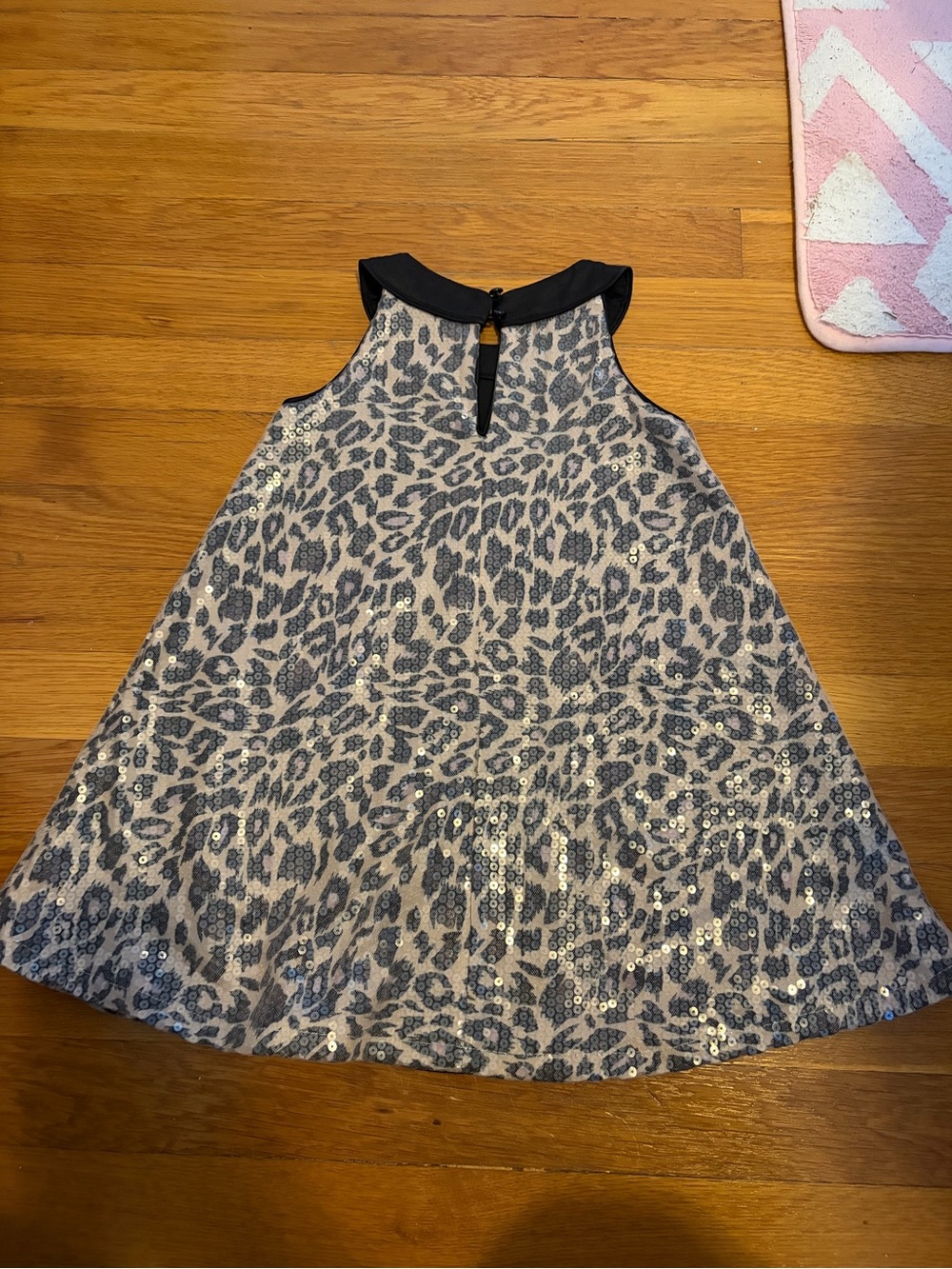 Girls' Sequin Leopard Print Party Dress with Black Collar